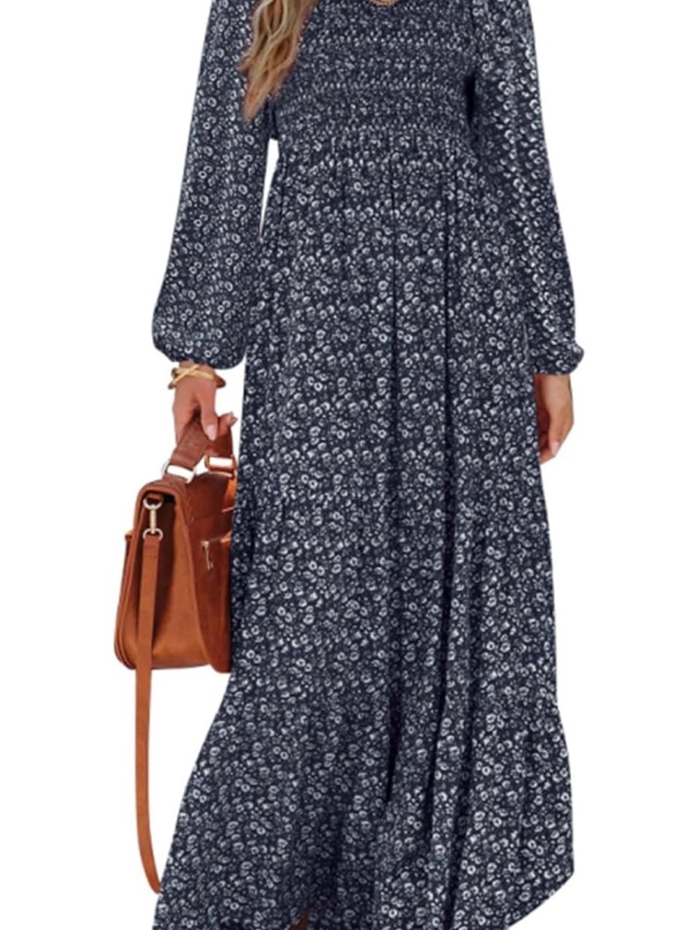 Pretty garden long sleeve flowy women’s spring dress. Smocked/tiered maxi dress.
